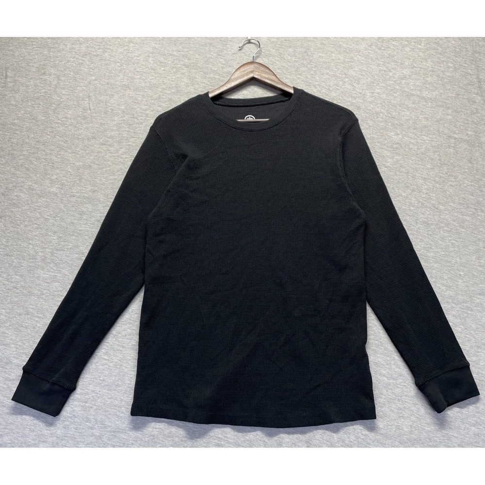 Monument Shirt Mens Large Black Cotton Waffle Knit Long Sleeve Ribbed Crew Neck